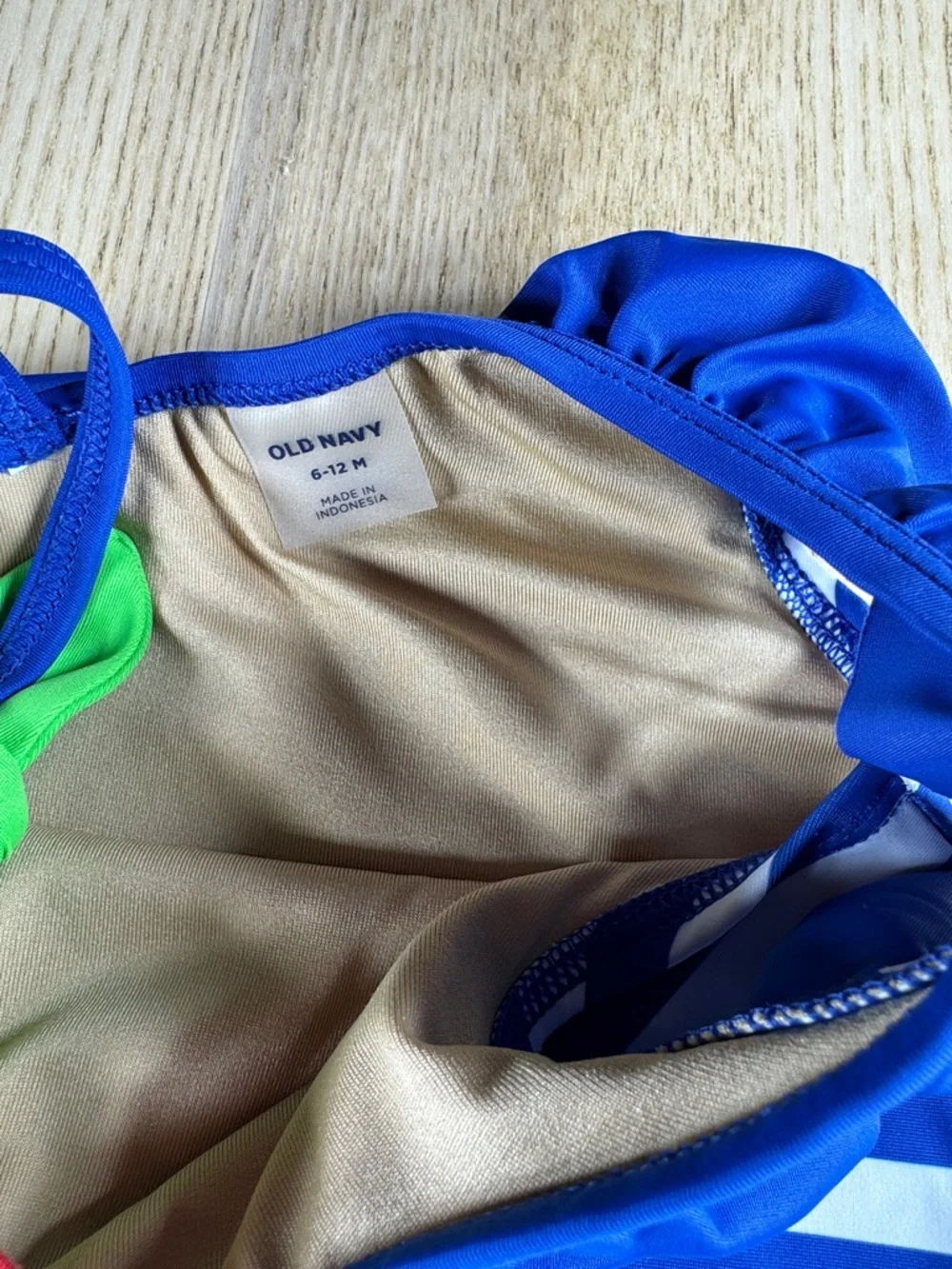 Old Navy Baby Girls Blue White Striped Cherry Ruffle One Shoulder Swimsuit 6-12M